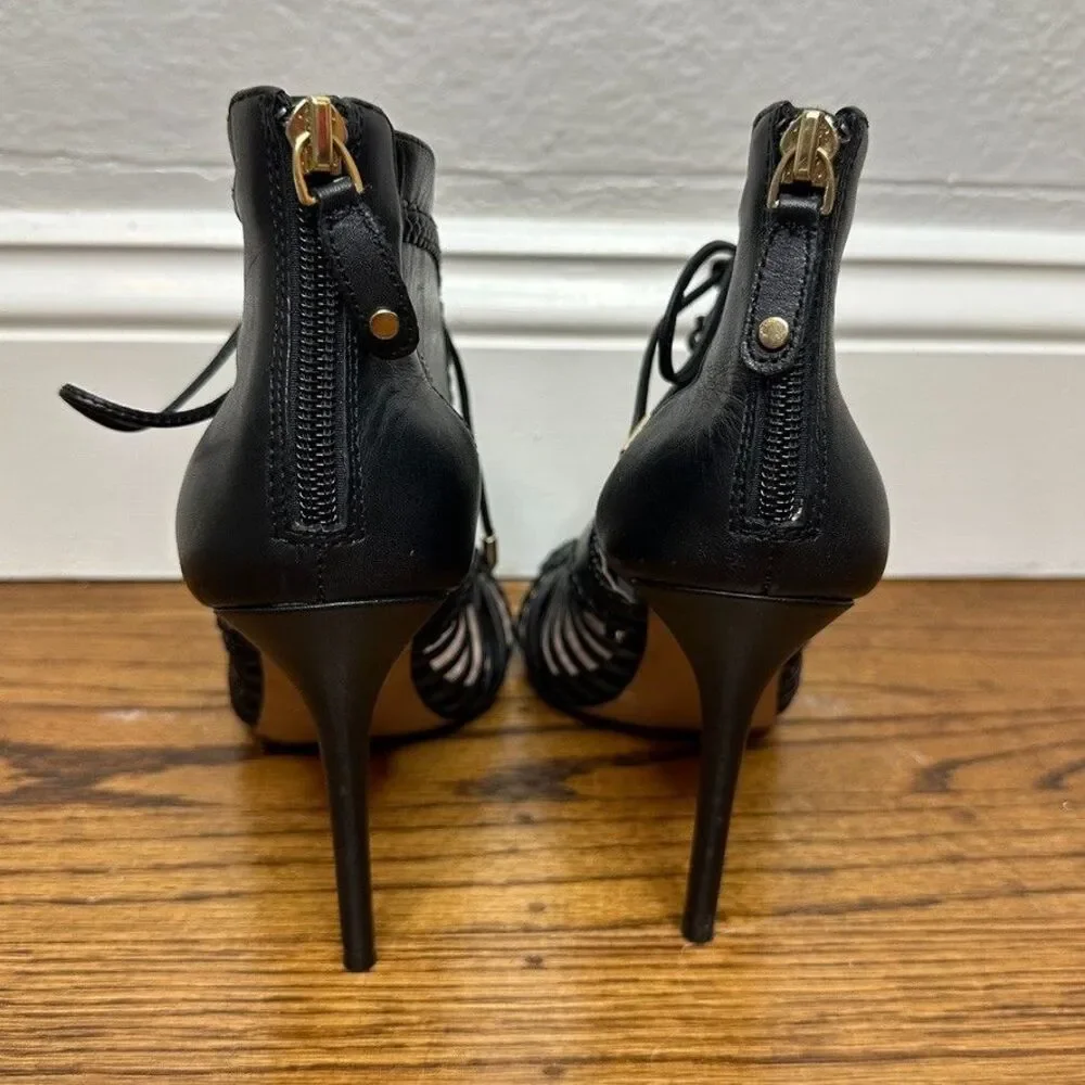 Avec Les Filles Joyce Black‎ Leather Lace Up Bootie Heel Size 7.5M
